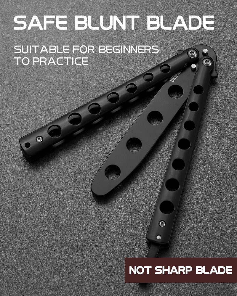 Dispatch Butterfly Knife Trainer | Unsharpened Balisong with Stainless Steel Blade, Black 3Cr13 Handle (Cutouts) & Safety Lock | EDC, Cosplay Flipping Tool - Image 5